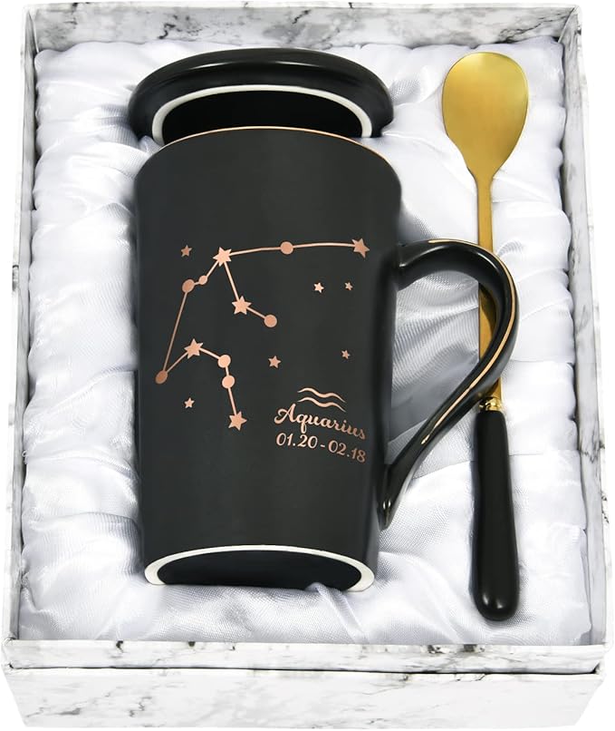 YHRJWN - Aquarius Gifts for Women, Aquarius Zodiac Sign Star Coffee Mug, Aquarius Gifts for Girls Woman Men, Jan Feb Birthday Gifts for 12 Horoscope Astrology Lovers, 14 Oz Black Cup with Gift Box - Aquarius Mug for men