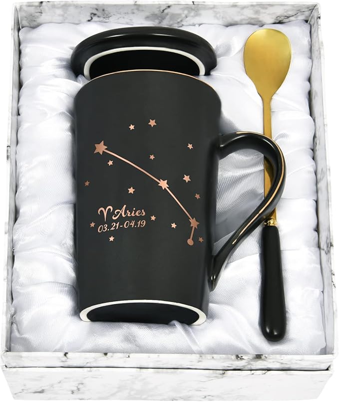 YHRJWN - Aries Gifts for Women, Aries Zodiac Sign Star Coffee Mug, Aries Gifts for Girls Women Men Teens, Mar Apr Birthday Gifts for 12 Horoscope Astrology Lovers, 14 Oz Black Cup with Gift Box - Aries Mug for men