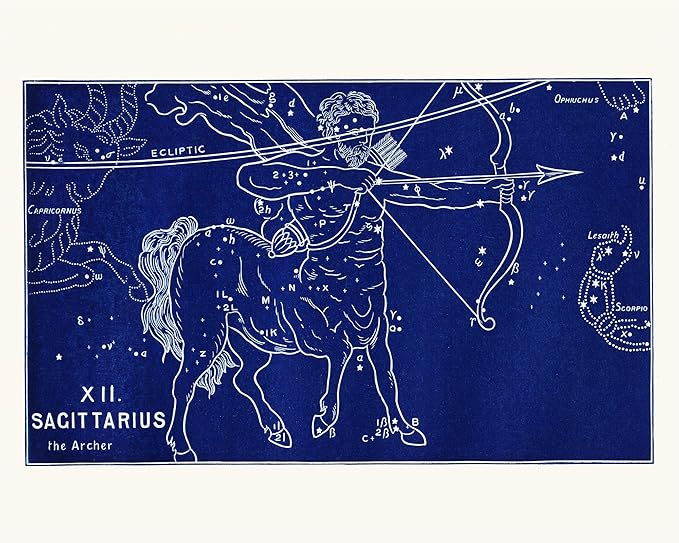 Capricorn Press Sagittarius Astrological Sign Print Wall Art, Vintage Zodiac Constellation Sign Print, Astrology Wall Decor, Sagittarius Gift, Blue, Black, or Gray 8x10, 11x14, 16x20 (11 x 14, blue) - Sagittarius Home Decor for men