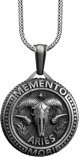 BySilverStone - Aries Memento Mori Coin Necklace for Men, Zodiac Sign Coin Necklace in Silver, Gothic Horoscope Pendant for Boyfriend, Ram Jewelry - Aries Necklace for men