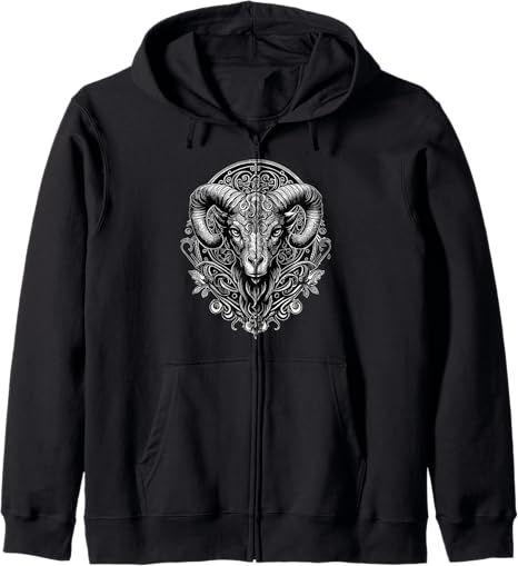 Aries Zodiac Sign Ornate Ram Astrology Horoscope Zip Hoodie - Aries Hoodie for men