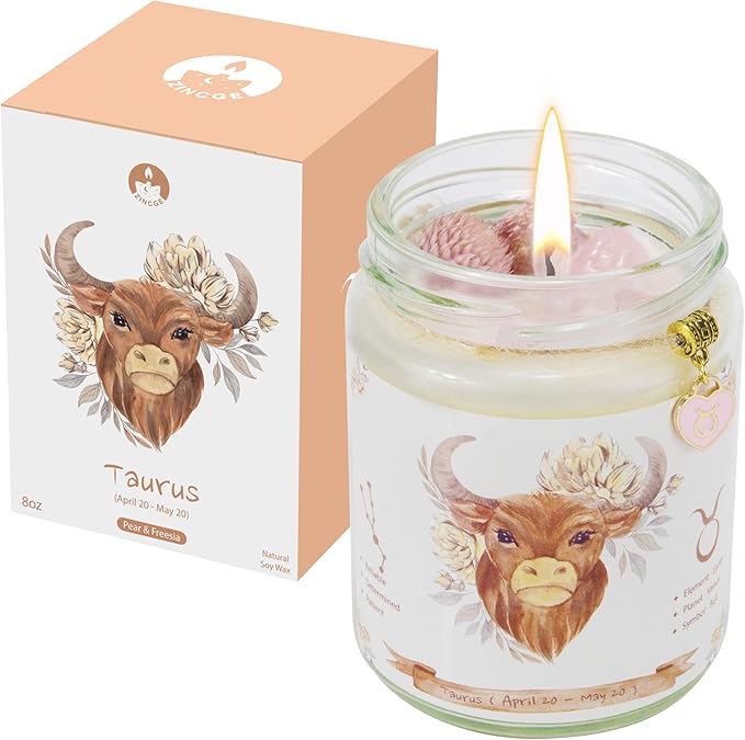 Taurus Zodiac Crystal Candle - Birthday & Astrology Gift for Her, Pear & Freesia Scented with Pink Crystals - Taurus for men