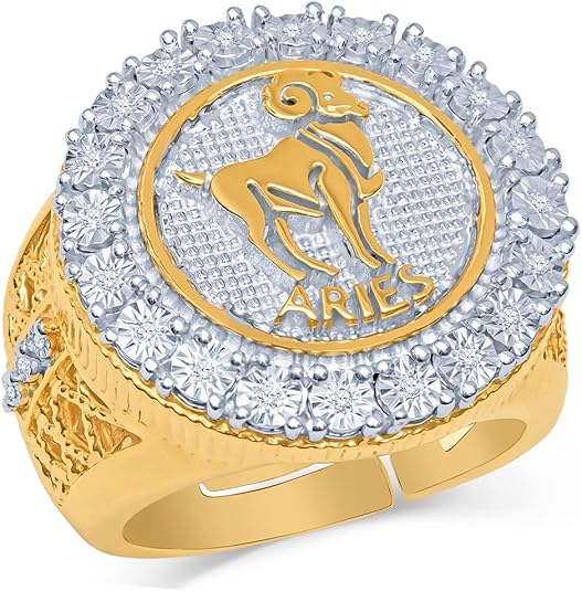 Real Genuine Authentic Diamonds Aries Ram Zodiac Lucky Sign Astrology Horoscope Men's Ring Band 10K Gold Finish (Yellow Gold Finish) - Aries Ring for men