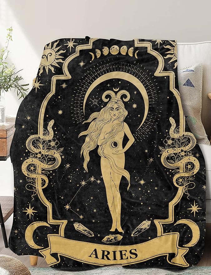 Aries Zodiac Blanket 60"X50", Witchy & Gothic Gifts - Soft Throw Blanket with Tarot Moon Constellation Pattern - Aries Blanket for men