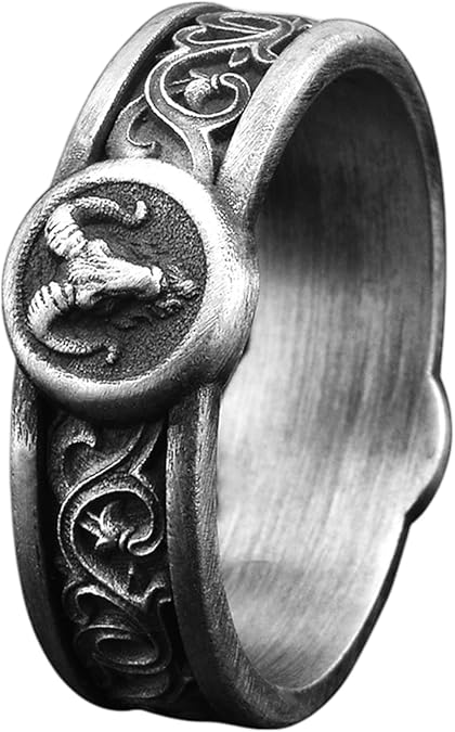 BySilverStone - Aries Ram with Lily Motifs Handmade Sterling Silver Men Band Ring, Ram Wedding Jewelry, Stackable Biker Ring, Animal Lover Gift, Zodiac Sign Rings - Aries Ring for men