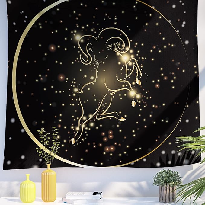 Berkin Arts Decor Tapestry for Wall Hanging Premium Polyester Fabric Backdrop Space Art Aries Constellation Ornate Galactic Gold Zodiac Sign 51.2 x 59.1 Inch - Aries Blanket for men