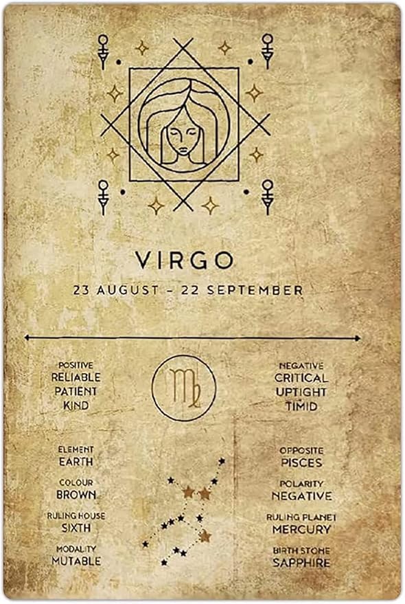 Starotore Virgo Metal Tin Signs Virgo Overview Infographic Aluminum Posters Zodiac Signs Print Retro Plaque Decoration Home Club Bedroom Wall Art Decor 8x12 Inches - Virgo Poster for men