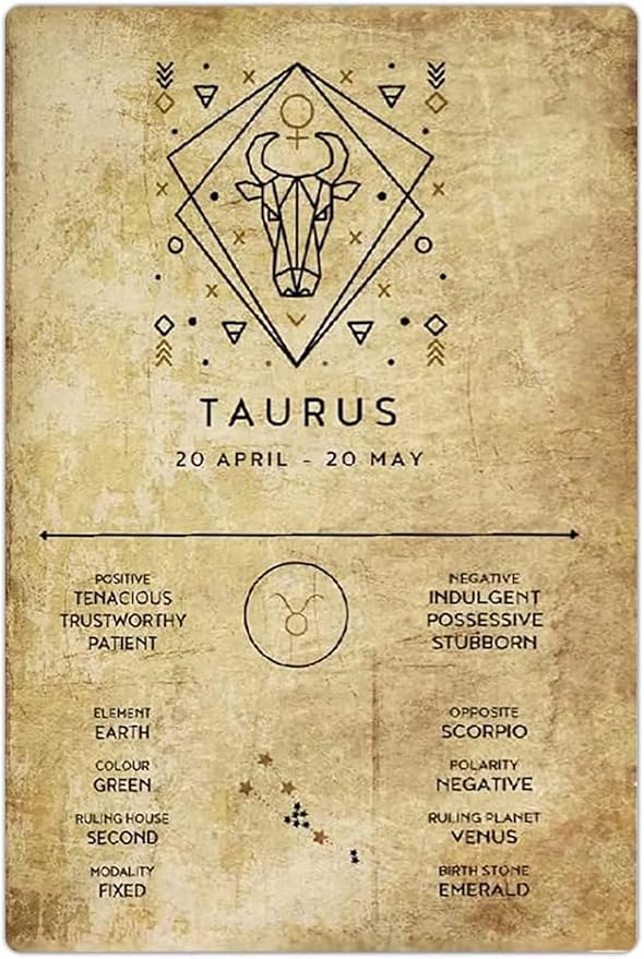 Taurus Retro Metal Signs Taurus Infographic Guide Tin Posters Zodiac Signs Plaque Decoration Astrology Lovers Home Room Club Wall Decor 8x12 Inches - Taurus Products for men