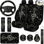 Riakrum 15 Pcs Boho Celestial Snake Seat Covers Full Set Thick Car Front and Back Steering Wheel Cover Seatbelt Strap Armrest Pads Cup Mat Wrist Strap Key Chains for Auto Truck - Scorpio Car Seat Cover for men