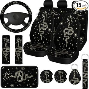 Riakrum 15 Pcs Boho Celestial Snake Seat Covers Full Set Thick Car Front and Back Steering Wheel Cover Seatbelt Strap Armrest Pads Cup Mat Wrist Strap Key Chains for Auto Truck - Scorpio Car Seat Cover for men