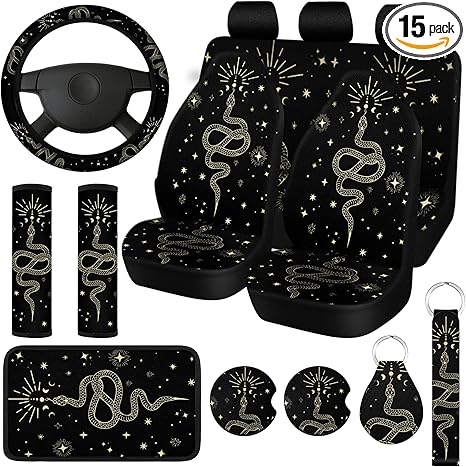 Riakrum 15 Pcs Boho Celestial Snake Seat Covers Full Set Thick Car Front and Back Steering Wheel Cover Seatbelt Strap Armrest Pads Cup Mat Wrist Strap Key Chains for Auto Truck - Scorpio Car Seat Cover for men