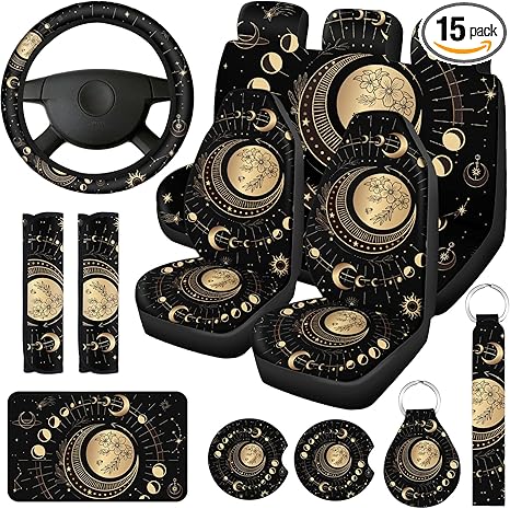 Riakrum 15 Pcs Sun and Moon Car Seat Cover Full Set Car Front Seat Steering Wheel Headrest Covers Cup Holder Belt Pads Keyring Armrest Pad Wrist Strap for Men Women Auto Truck Van SUV - Aries Car Seat Cover for men