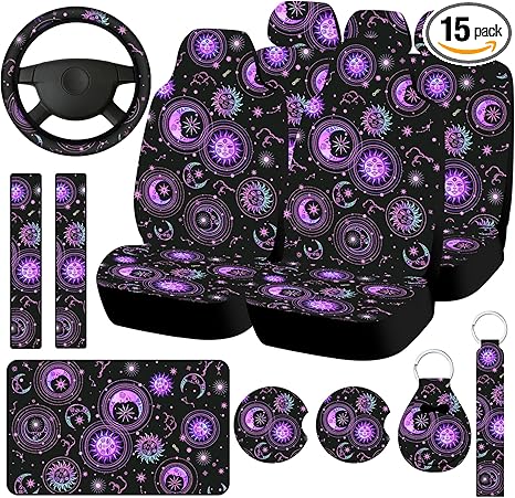 Riakrum 15 Pcs Gradient Sun Moon Star Car Seat Covers Full Set for Women Steering Wheel Cover Shoulder Pads Armrest Pad Keychain Wrist Strap Auto Seat Universal for Vehicle SUV Truck Protector - Aries Car Seat Cover for men