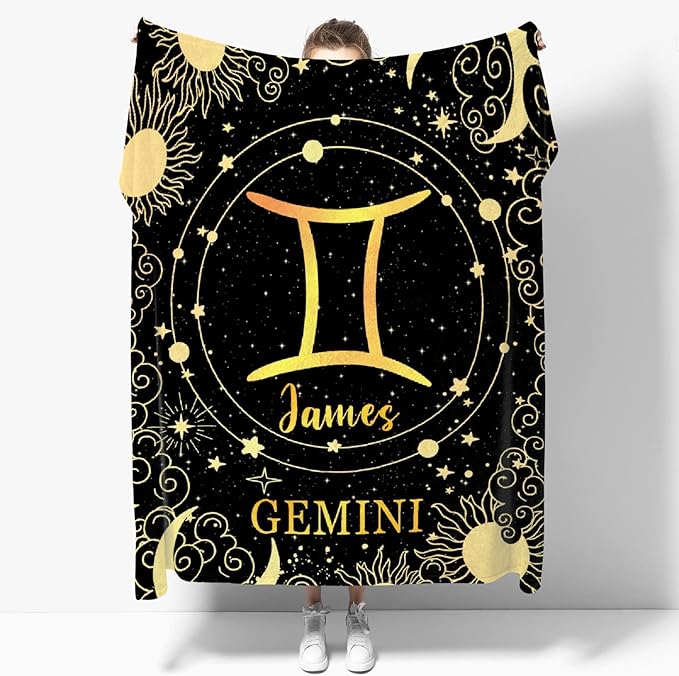 Personalized Gemini Blanket, Soft Flannel Horoscope Throws Cozy Lightweight Custom Blankets for Couch Bed Sofa, Practical Gift Unisex Large 80"×60" for Adult/Double - Gemini Blanket for men
