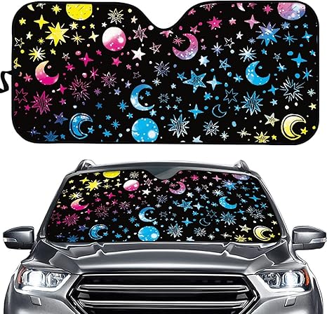 FUSURIRE Rainbow Moon Stars Car Windshield Sun Shade Universal Auto Accessories Car Sunshade Sun Heat Reflector for Women Men - Aries Car Ornament for men