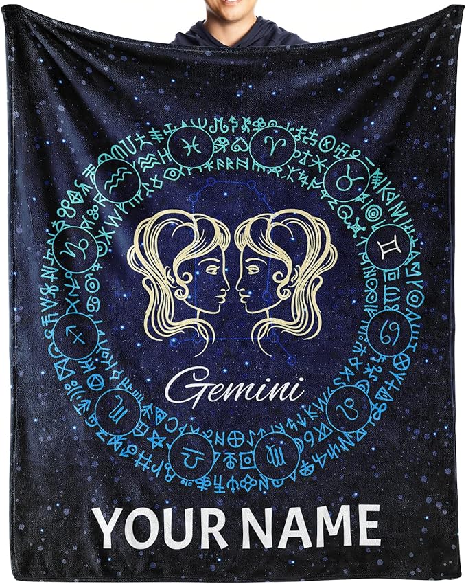 Personalized Gemini Blanket Gifts with Name Text, 40"x50" Gemini Throw Soft Flannel Blanket, Warm Lightweight Cozy Constellation Lover Gifts for Bed Couch - Gemini Blanket for men