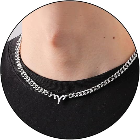 Zodiac Sign Necklace for Men Boys Women, Stainless Steel Constellation Horoscope Astrology Pendant necklace, Cuban chain 18+2 inches - Aries for men