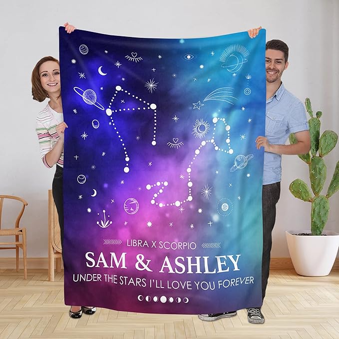 Personalized Couple Names Sign Astrology Blanket, Custom Zodiac Aries Taurus Gemini Cancer Leo Virgo Libra Scorpio Sagittarius Capricorn Aquarius Pisces Constellations Gifts For Women - Aries Blanket for men