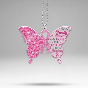 Breast Cancer Gift for Women, Pink Butterfly Ribbon Car Hanging Ornament, Warrior Acrylic Ornament, Breast Cancer Pendant for Rear View Mirror Car, Accessories Gift for Mothers Day - Cancer Car Accessories for men