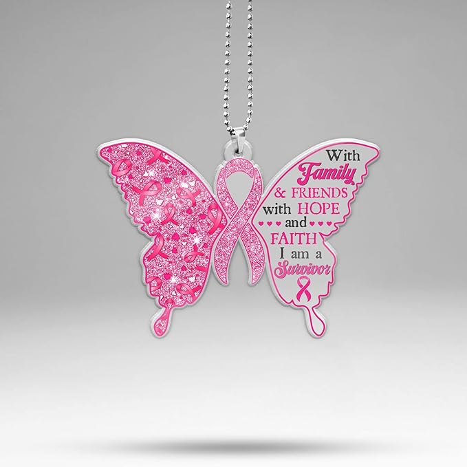 Breast Cancer Gift for Women, Pink Butterfly Ribbon Car Hanging Ornament, Warrior Acrylic Ornament, Breast Cancer Pendant for Rear View Mirror Car, Accessories Gift for Mothers Day - Cancer Car Accessories for men