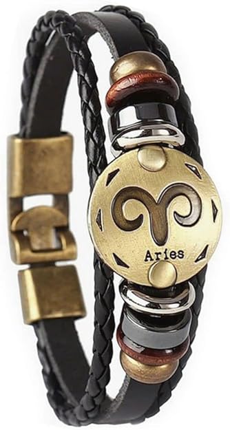 12 Zodiac Constellations Retro Alloy Leather Bracelet for Constellation Braided Rope Bracelet Bangle - Aries Bracelet for men