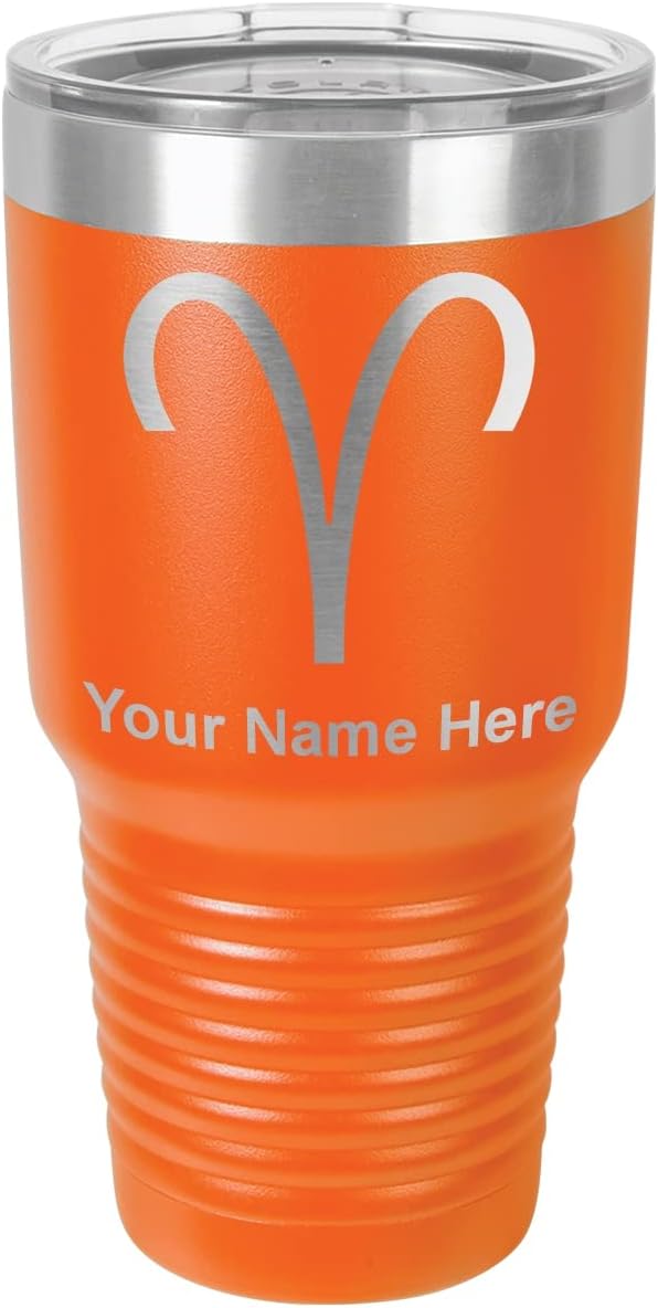 LaserGram 30oz Vacuum Insulated Tumbler Mug, Zodiac Sign Aries, Personalized Engraving Included (Orange) - Aries Mug for men