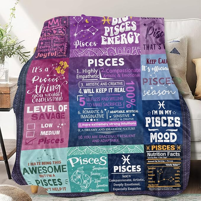 Pisces Zodiac Throw Blanket - Astrology Gift for Women and Men - Birthday Present - 60" X 50" - Pisces Pillow for men