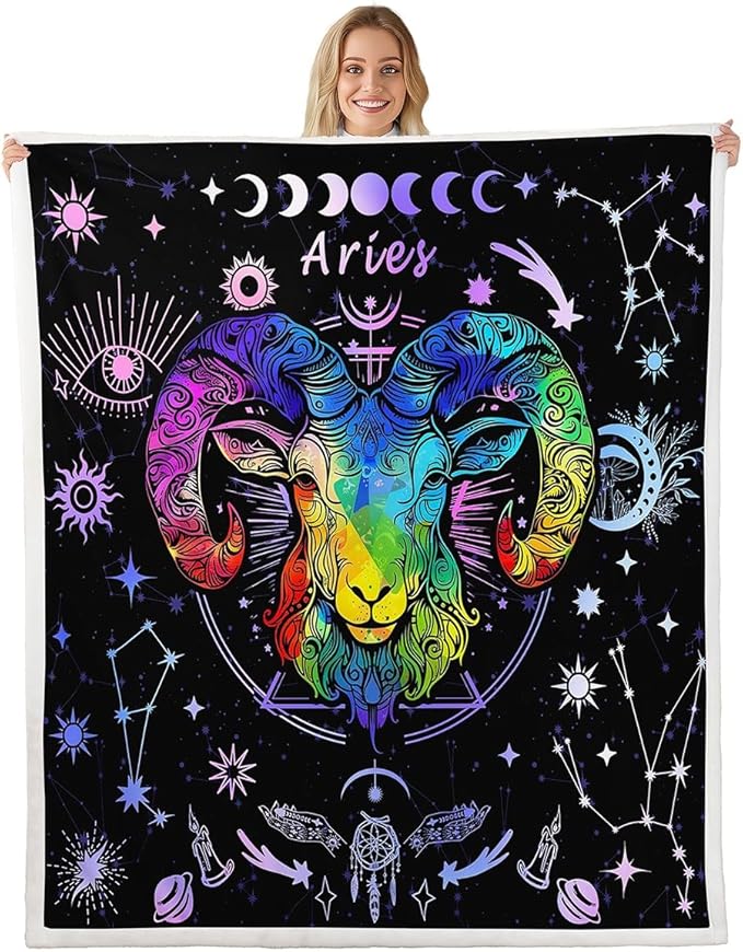 Manfei Aries Throw Blanket Twelve Constellations Bed Blanket for Kids Boys Girls Room Decor, Galaxy Sun Moon Star Blanket for Couch Sofa, Soft and Breathable Fleece Blanket(40 x 50 Inches) - Aries Blanket for men