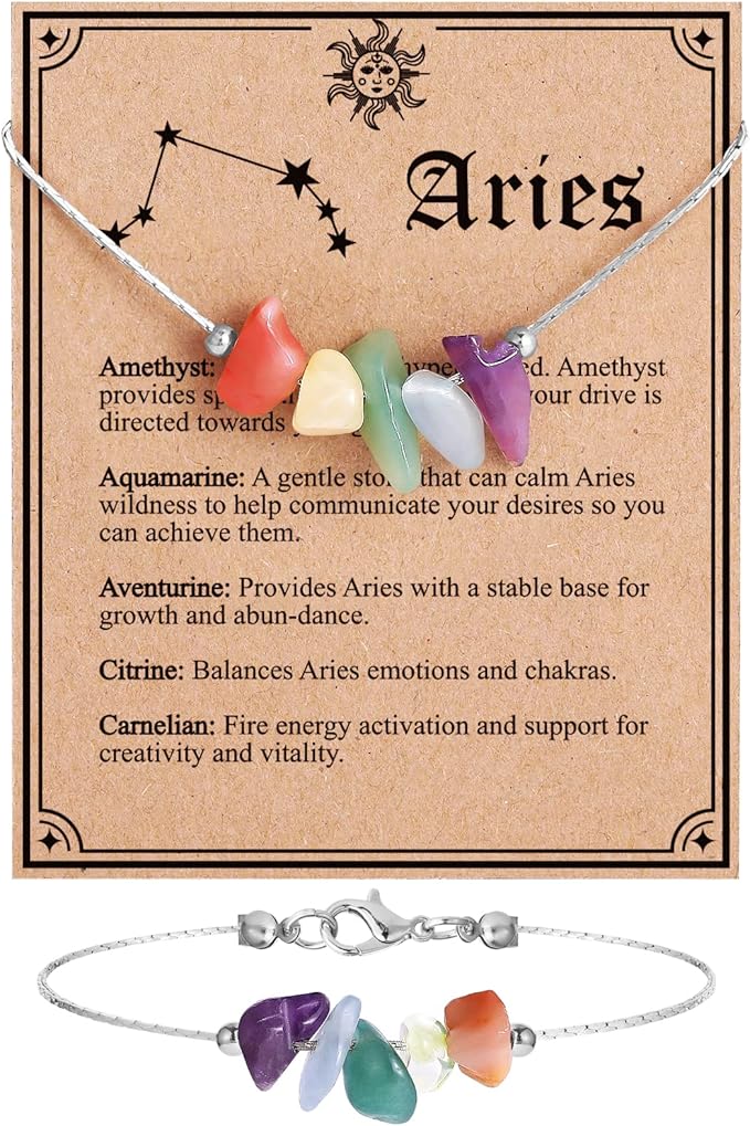 MJartoria Natural Stone Zodiac Sign Choker Necklace and Bracelet for Women Horoscope Healing Stone Astrology Jewelry Birthday Gifts (Silver, Aries) - Aries Necklace for men