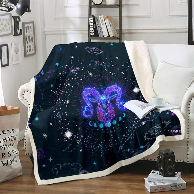 Erosebridal Aries Blanket Psychedelic Celestial Throw Blanket for Bed, Trippy Galaxy Fleece Blanket Twelve Constellations Zodiac Sherpa Blanket, Horoscope Moon Phase Fuzzy Blanket Cozy - Aries Blanket for men