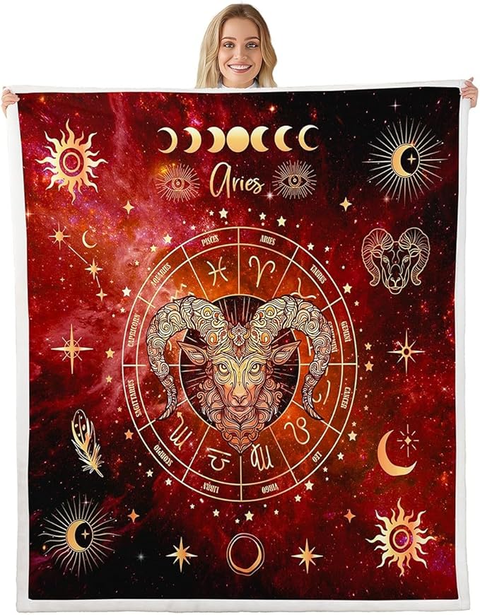 Aries Kids Throw Blanket,Sun Moon Starry Sky Galaxy Trippy Bed Blanket for Girls Boys Adults,12 Constellations Astrology Zodiac Fleece Blanket,Red Chic Fuzzy Blanket,40 x 50 Inches - Aries Blanket for men