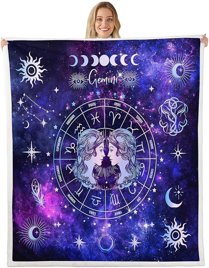 Gemini Kids Throw Blanket,12 Constellations Astrology Zodiac Bed Blanket for Girls Boys Adults,Sun Moon Starry Sky Galaxy Fleece Blanket,Purple Romantic Fuzzy Blanket,Baby Size (30 x 39 Inches) - Gemini Blanket for men