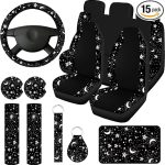 Yexiya 15 Pcs Moon and Star Car Seat Covers Print Car Accessories Full Set for Women Men Set Steering Wheel Cover Armrest Pad Seat Belt Pads Wrist Keychain Auto Interior Decor(Moon, Star) - Aries Car Seat Cover for men