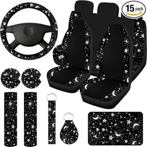 Yexiya 15 Pcs Moon and Star Car Seat Covers Print Car Accessories Full Set for Women Men Set Steering Wheel Cover Armrest Pad Seat Belt Pads Wrist Keychain Auto Interior Decor(Moon, Star) - Aries Car Seat Cover for men