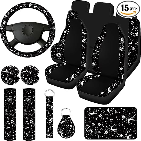 Yexiya 15 Pcs Moon and Star Car Seat Covers Print Car Accessories Full Set for Women Men Set Steering Wheel Cover Armrest Pad Seat Belt Pads Wrist Keychain Auto Interior Decor(Moon, Star) - Aries Car Seat Cover for men