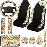 Riakrum 10 Pcs Boho Daisy Car Seat Covers Full Set for Women Mushroom Steering Wheel Cover Seat Belt Cover Armrest Pad Cup Mat Keychain Wrist Strap for Auto SUV Accessories - Scorpio Car Seat Cover for men