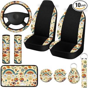 Riakrum 10 Pcs Boho Daisy Car Seat Covers Full Set for Women Mushroom Steering Wheel Cover Seat Belt Cover Armrest Pad Cup Mat Keychain Wrist Strap for Auto SUV Accessories - Scorpio Car Seat Cover for men