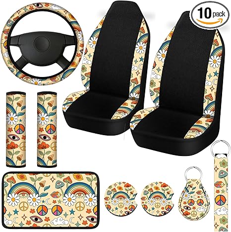 Riakrum 10 Pcs Boho Daisy Car Seat Covers Full Set for Women Mushroom Steering Wheel Cover Seat Belt Cover Armrest Pad Cup Mat Keychain Wrist Strap for Auto SUV Accessories - Scorpio Car Seat Cover for men