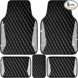 CAR PASS Bling Leather Car Mats Shining Diamond Floor Mats Crystal Rhinestone Sparkly Glitter Carpet Anti-Slip Waterproof Pad Universal Fit Automotive SUV, Sedan, Van, 5pcs Girl Women, Black Silver - Virgo Car Floor Mat for men