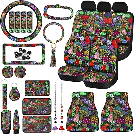 Fabbay 26 Pcs Mushroom Car Seat Covers Set with Seats Protectors Steering Wheel Cover Seat Belt Cover Floor Mat Armrest Cushion Key Chains Auto Interior Accessories for Women(Forest) - Aries Car Seat Cover for men