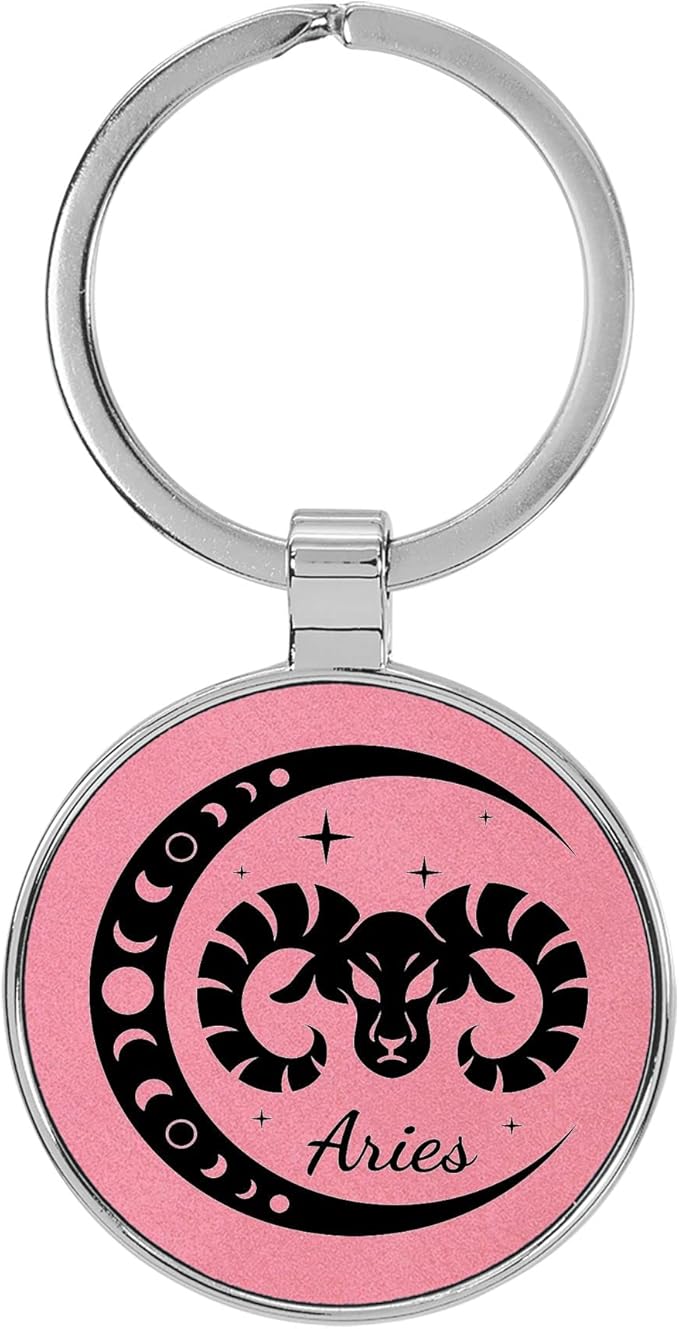 Zodiac Sign Astrology Laser Engraved Leatherette Keychain Backpack Pull - 1.5 x 3 Inches - Aries Ring for men