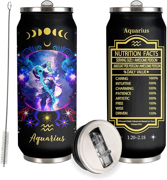 Aquarius Constellation Tumbler - Zodiac Stainless Steel Cup for Men Women - Astrology Fans Birthday Gift With Straw Lid - 17 Oz Coffee Mug Car Cup - Aquarius Mug for men
