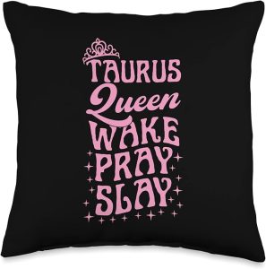 Taurus Symbol Astrology Horoscope Zodiac Sign Queen Wake Pray Slay Christian Taurus Sign Throw Pillow, 16x16, Multicolor - Taurus Pillow for men