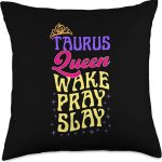 Taurus Symbol Astrology Horoscope Zodiac Sign Queen Wake Pray Slay Christian Taurus Sign Throw Pillow, 18x18, Multicolor - Taurus Pillow for men