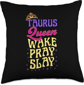 Taurus Symbol Astrology Horoscope Zodiac Sign Queen Wake Pray Slay Christian Taurus Sign Throw Pillow, 18x18, Multicolor - Taurus Pillow for men