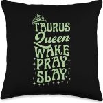 Taurus Symbol Astrology Horoscope Zodiac Sign Queen Wake Pray Slay Christian Taurus Sign Throw Pillow, 16x16, Multicolor - Taurus Pillow for men