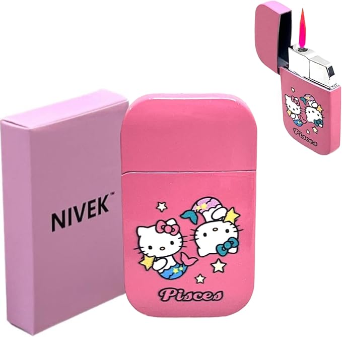 NIVEK Kitty Cat Lighter Y2k 12 Consetellations Horoscope Astrology Zodiac Birth Signs Pretty Pink Flame Kawaii Collectable Japanese Cool Accesories (Pisces) - Pisces for men