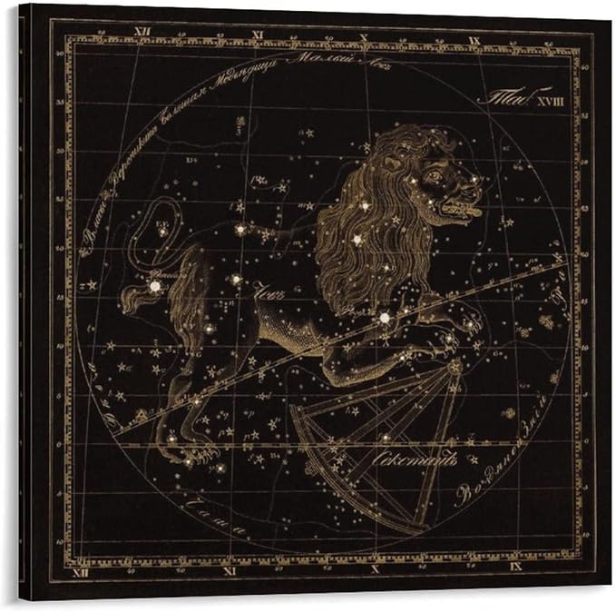 Leo Zodiac Sign Art, Old Russian Astronomy Chart, Star Constellation Illustration, Vintage Style Pri Art Wall Decoration Poster Family Bar Restaurant Garage Cafe Art Sign Gift 16x16inch(40x40cm) - Leo Canvas for men