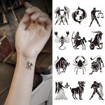 Small Cute Temporary Tattoo Sticker Set of 2 - Black Zodiac Signs Totem Leo Sagittarius Virgo Scorpio Taurus Designs for Hand Neck Face Wrist Finger, Waterproof Fake Body Art, Simple - Scorpio Sticker for men