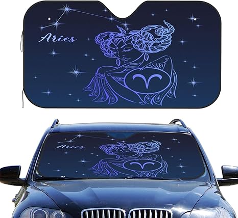 Delerain Car Windshield Sunshade Zodiac Sign Aries Auto Sun Shade Car Front Window Covers Foldable Sun Visor Protector Blocks UV Rays - Keeps Your Vehicle Cool (55" x 29.9") - Aries Car Ornament for men